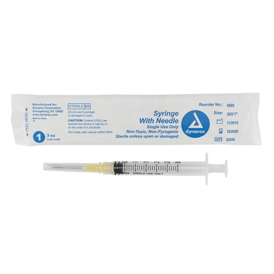 Dynarex Non-Safety Syringe with Needle Luer Lock 20G 1 inch 3cc Case medical supply
