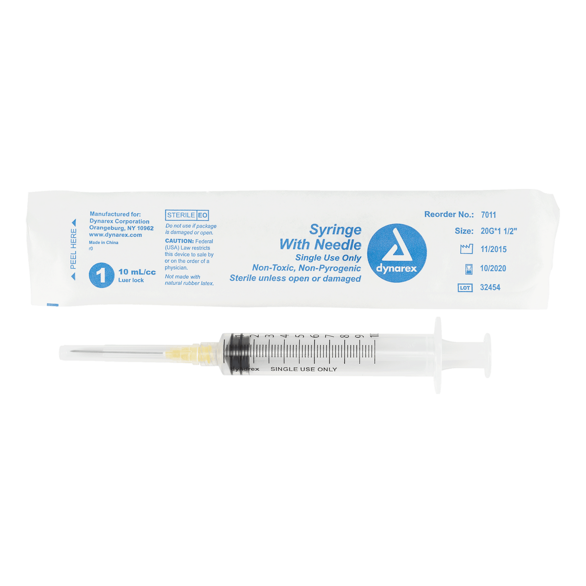 Dynarex Non-Safety Syringe with Needle Luer Lock 20G 1.5 inch 10cc Case medical supply