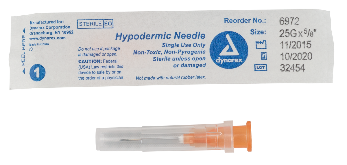 Dynarex Hypodermic Needle Non-Safety 25G 5/8 inch 10/100/cs medical supply