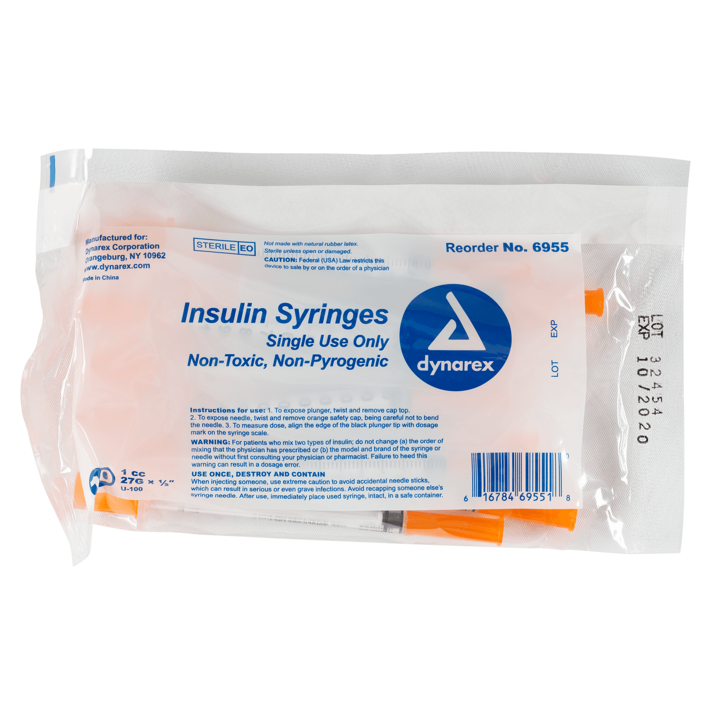 Dynarex Insulin Syringe Non-Toxic 27G 1cc 500/cs medical supply