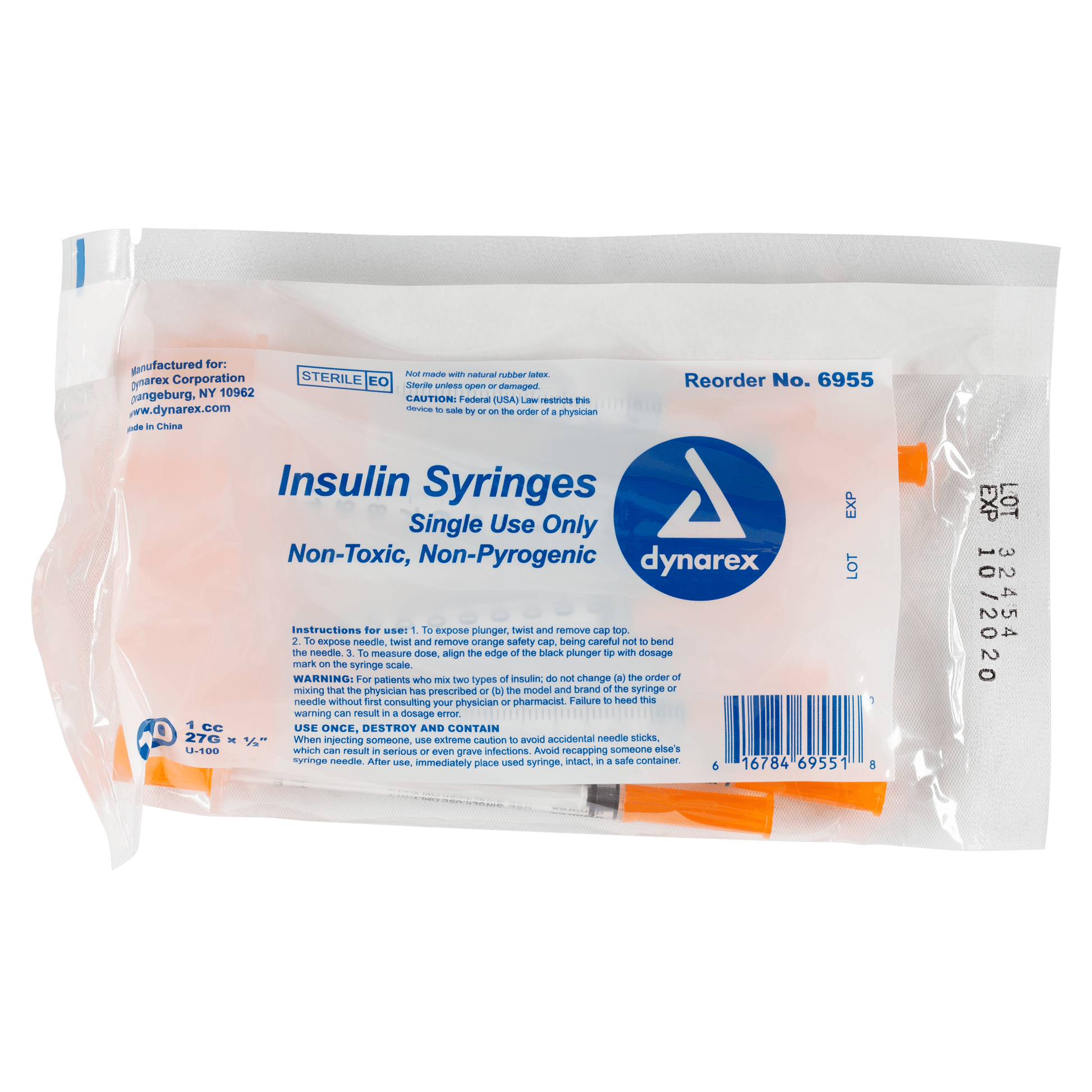 Dynarex Insulin Syringe Non-Toxic 27G 1cc 500/cs medical supply