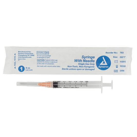 Dynarex Non-Safety Syringe with Needle Luer Lock 25G 1 inch 3cc Case medical supply