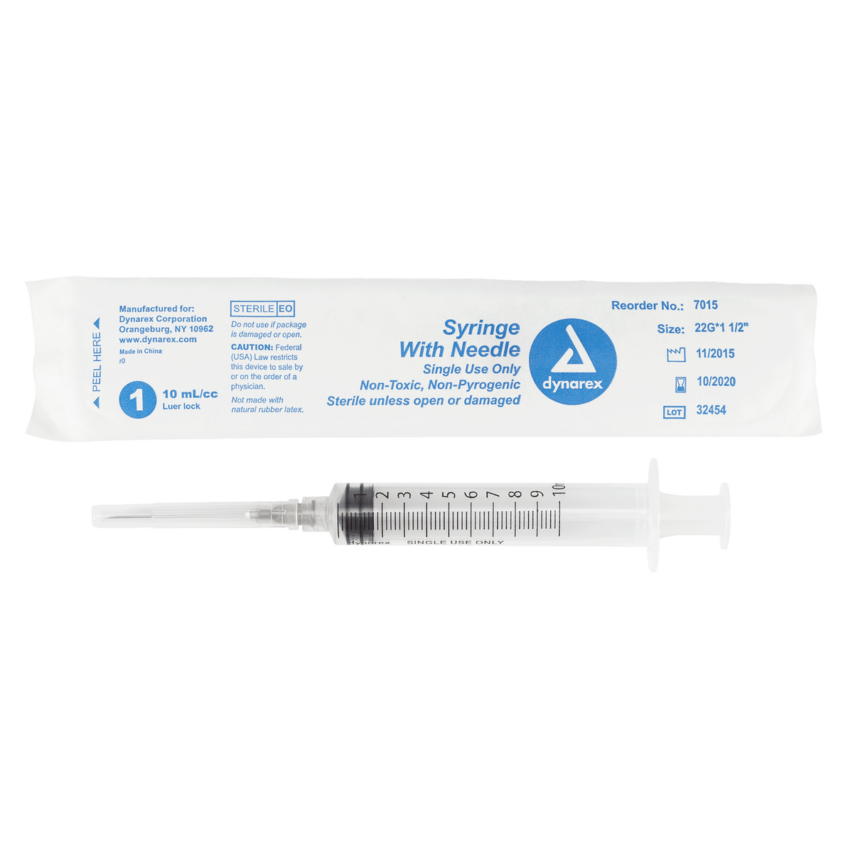 Dynarex Non-Safety Syringe with Needle Luer Lock 22G 1.5 inch 10cc Case medical supply