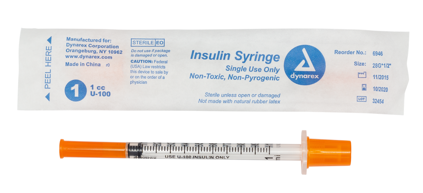 Dynarex Insulin Syringe 1cc 28G Wrapped Case medical supply