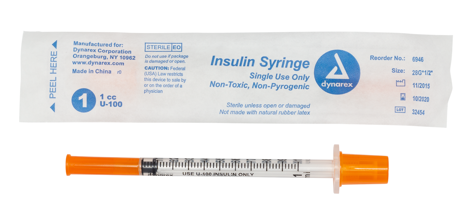 Dynarex Insulin Syringe 1cc 28G Wrapped Case medical supply
