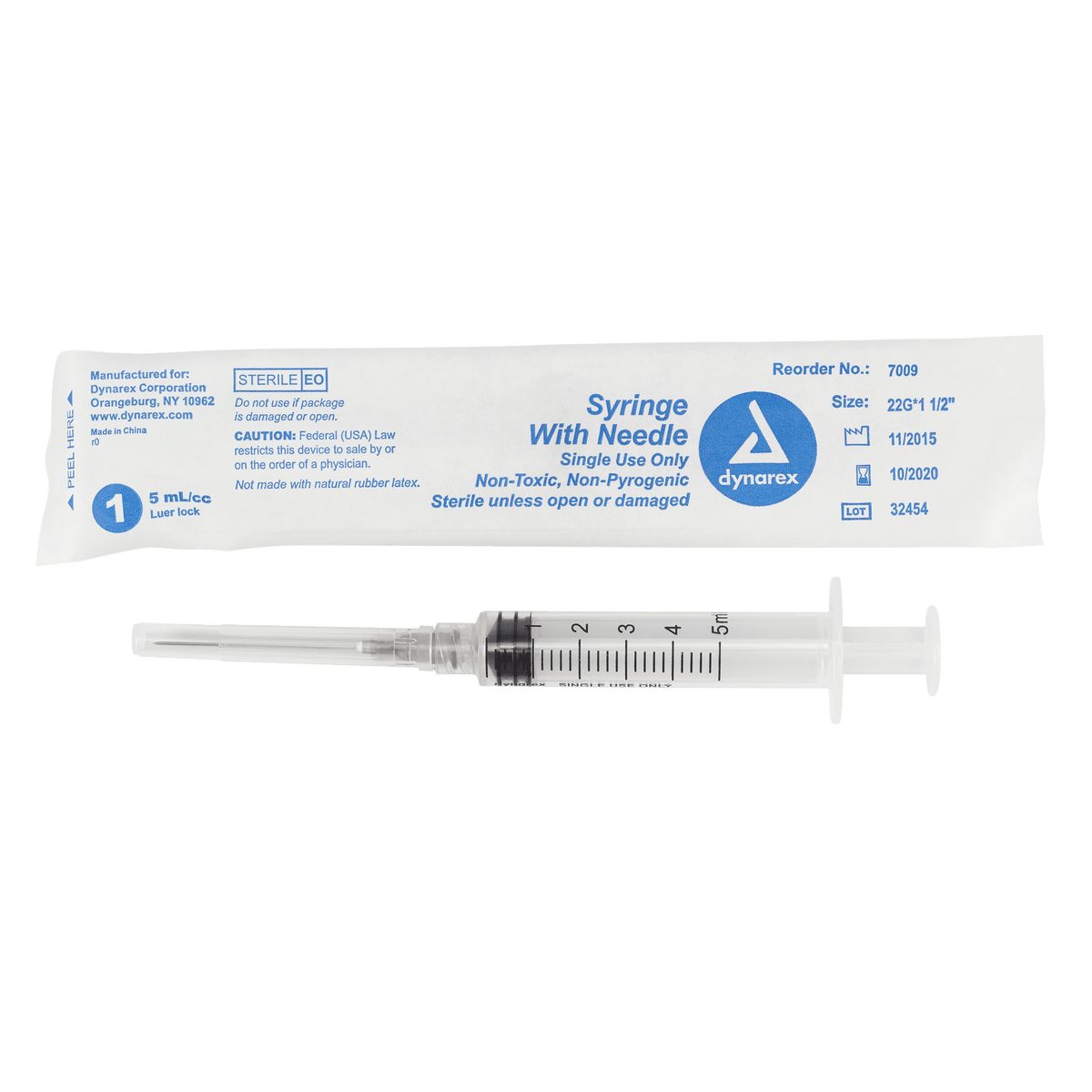 Dynarex Non-Safety Syringe with Needle Luer Lock 22G 1.5 inch 5cc Case medical supply
