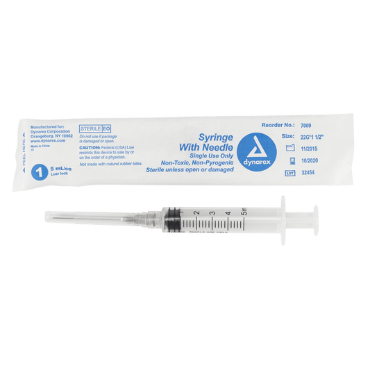 Dynarex Non-Safety Syringe with Needle Luer Lock 22G 1.5 inch 5cc Case medical supply