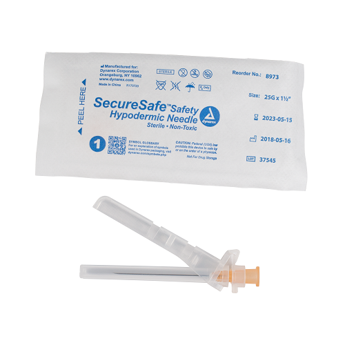 Dynarex SecureSafe Safety Hypodermic Needle 25G 1 1/2 inch medical supply