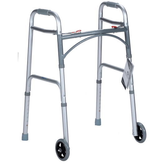Dynarex Adult Two Button Folding Walker 5 Inch Wheels Case medical supply