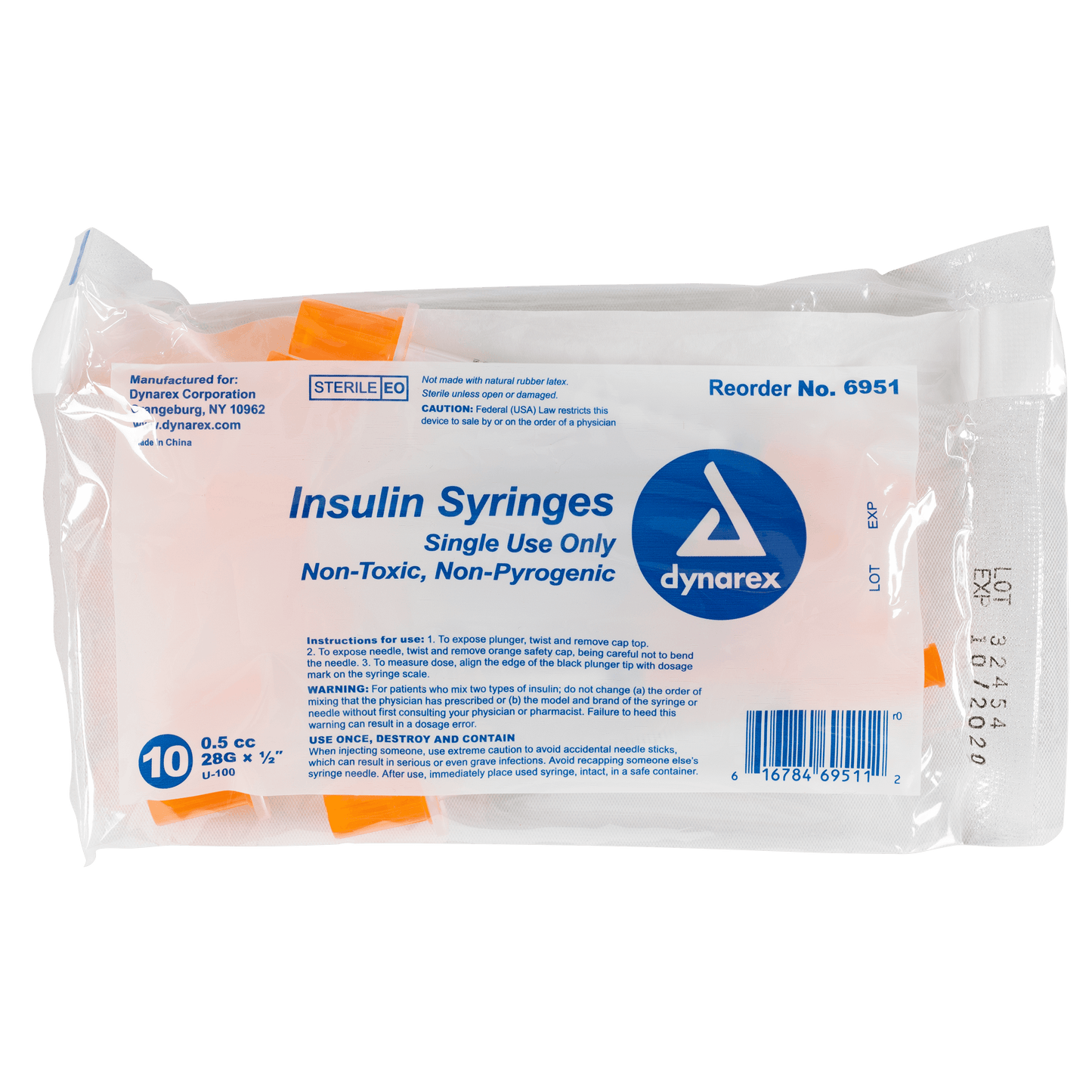 Dynarex Insulin Syringe Non-Toxic 28G 0.5cc 500/cs medical supply