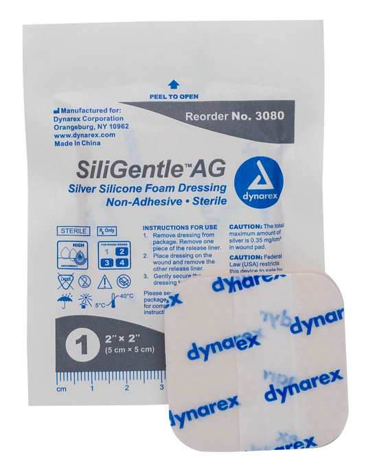 Dynarex SiliGentle AG Silver Silicone Foam Dressing 2"x2" 5/10/cs medical supply