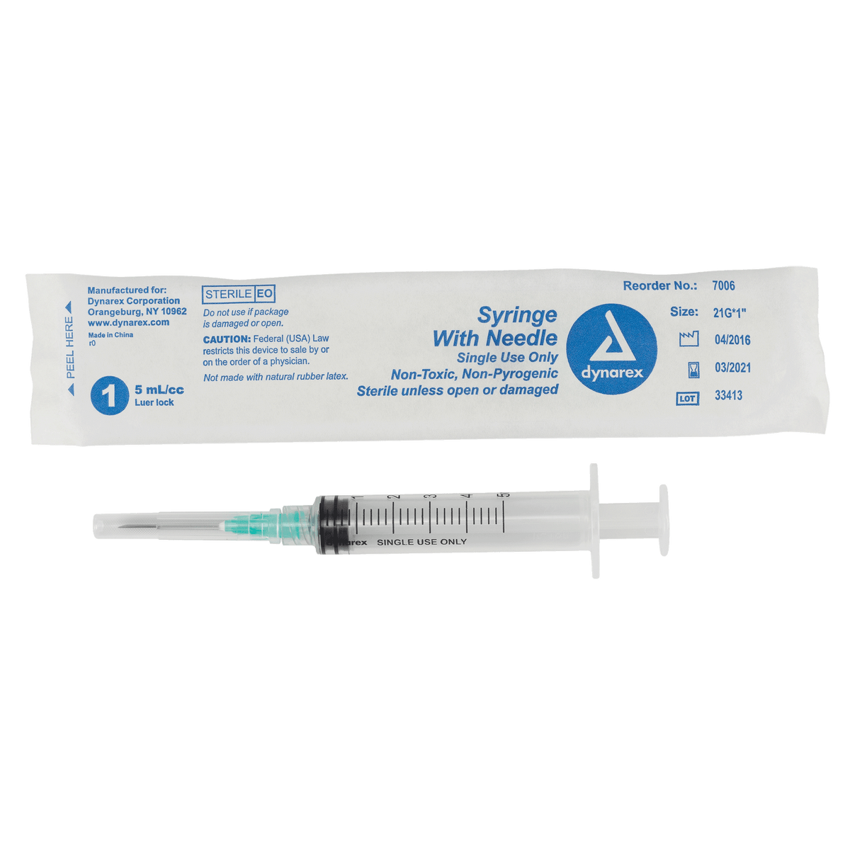 Dynarex Non-Safety Syringe with Needle Luer Lock 21G 1 inch 5cc Case medical supply