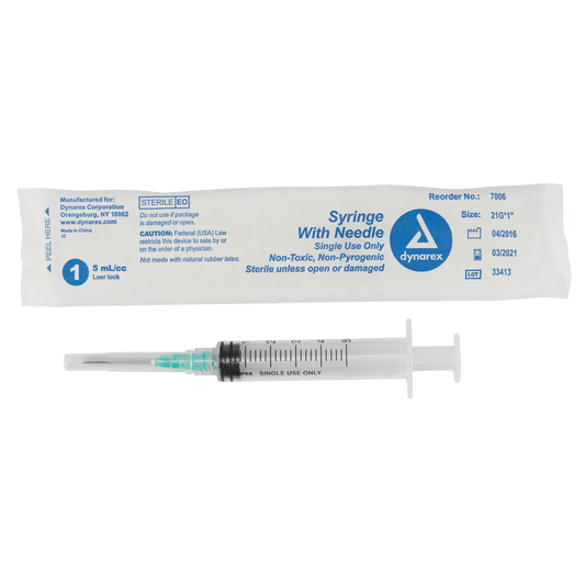 Dynarex Non-Safety Syringe with Needle Luer Lock 21G 1 inch 5cc Case medical supply