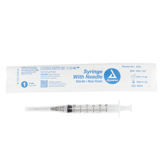 Dynarex Non-Safety Syringe with Needle Luer Lock 22G 3/4 inch 3cc Case medical supply