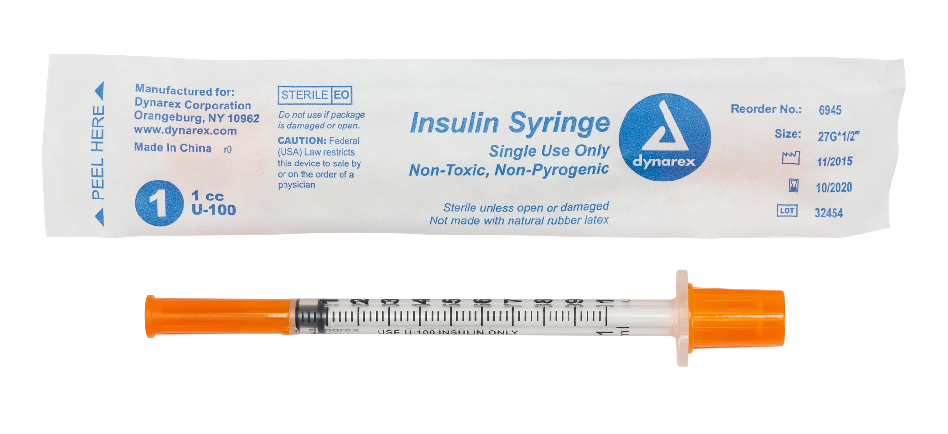 Dynarex Insulin Syringe Wrapped 27G 1cc 500/cs medical supply