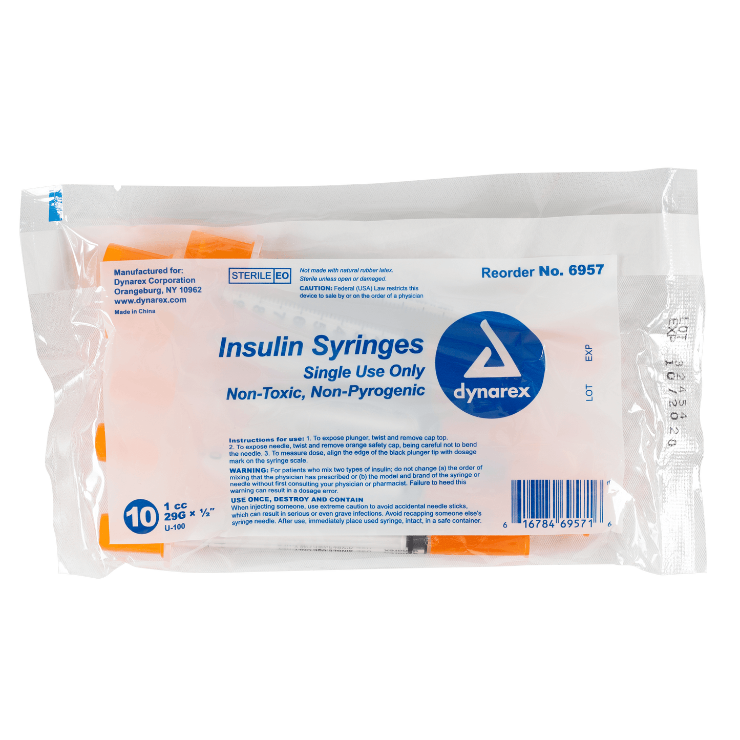 Dynarex Insulin Syringe Non-Toxic 29G 1cc 500/cs medical supply